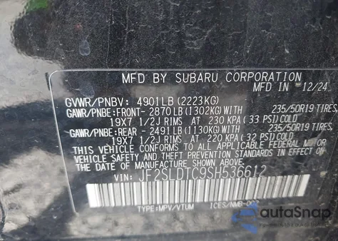 2025 Subaru Forester Touring z USA, uszkodzony, nr VIN JF2SLDTC9SH536612